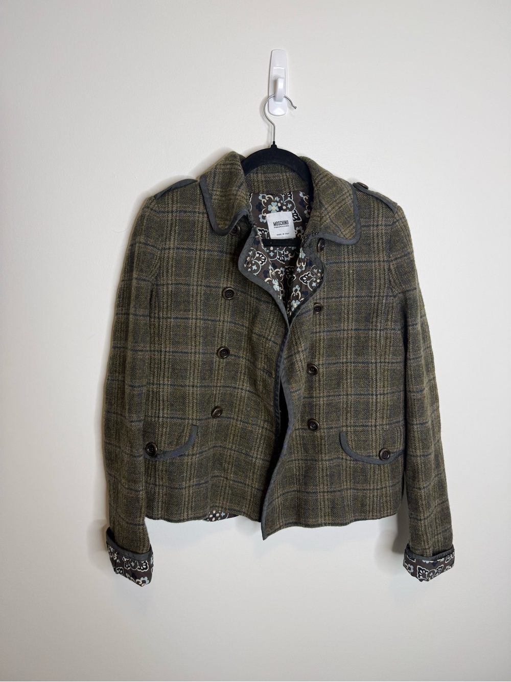 Moschino cheap chic Olive Plaid Wool-Blend Peacoat Jacket size medium